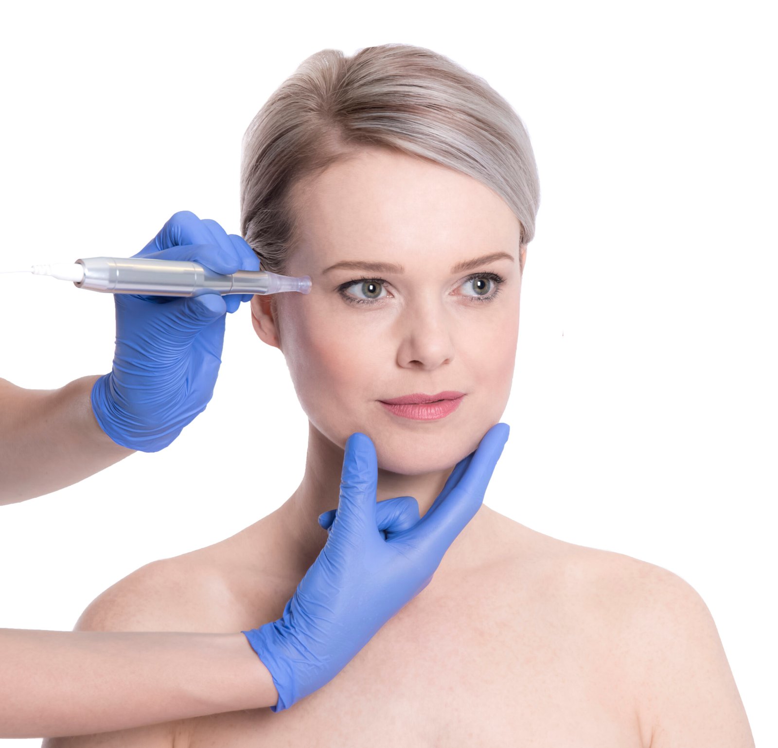 Dermatude Meta Therapy treatment including nitrile blue gloves and a woman with grey hair